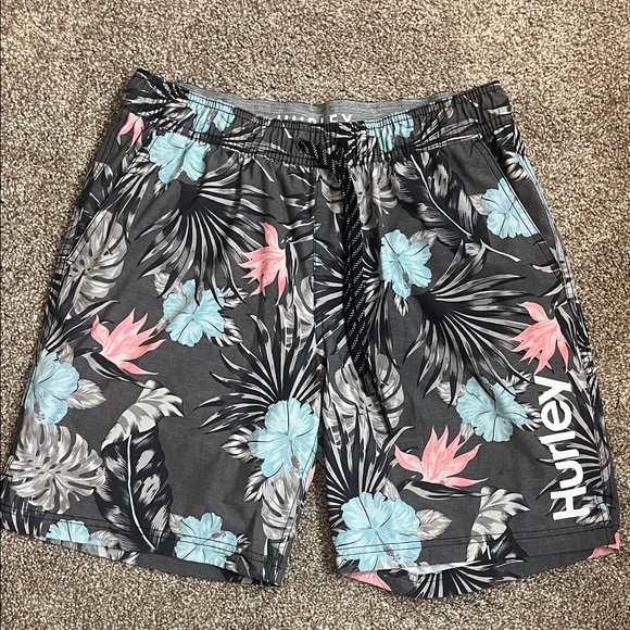 Hurley Men’s Tropical Floral Swim Shorts - Gray, Pink, Spandex Blue Size L - Picture 1 of 6